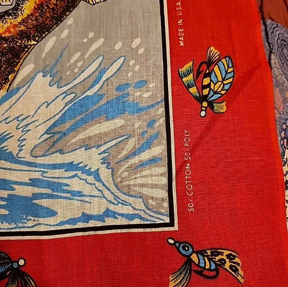 NOS Vtg 80s Fishing Themed Decorative Bandana Made In The USA